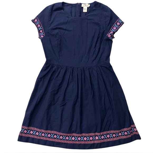 Vineyard Vines Women’s 100% Cotton Blue Pink Embroidered Fit n Flare Dress Sz 12 - Picture 1 of 9